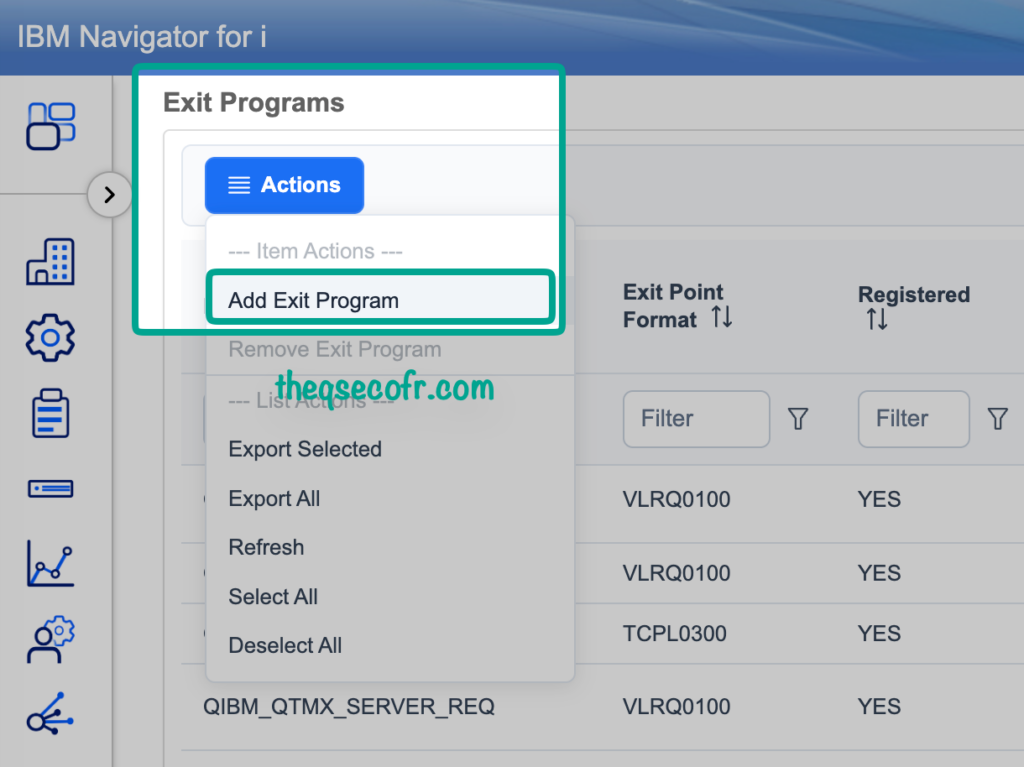 add exit program from IBM Navigator for i